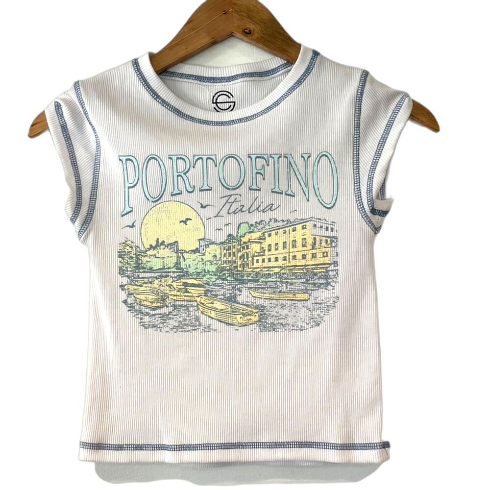 Social Culture Portofino Italy Baby Tee Cropped Cap Sleeve XS Ribbed